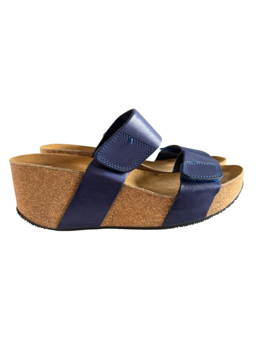 Eric Michael Lily Blue Leather Cork Wedge Sandals, Size 39 (8.5-9)